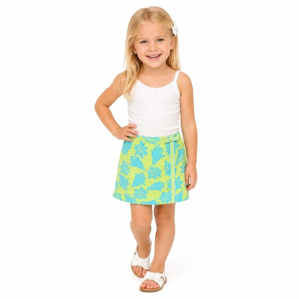 Lilly Pulitzer Skort Girls 6X Green Blue Seashell Print Preppy Summer Beach Bow
